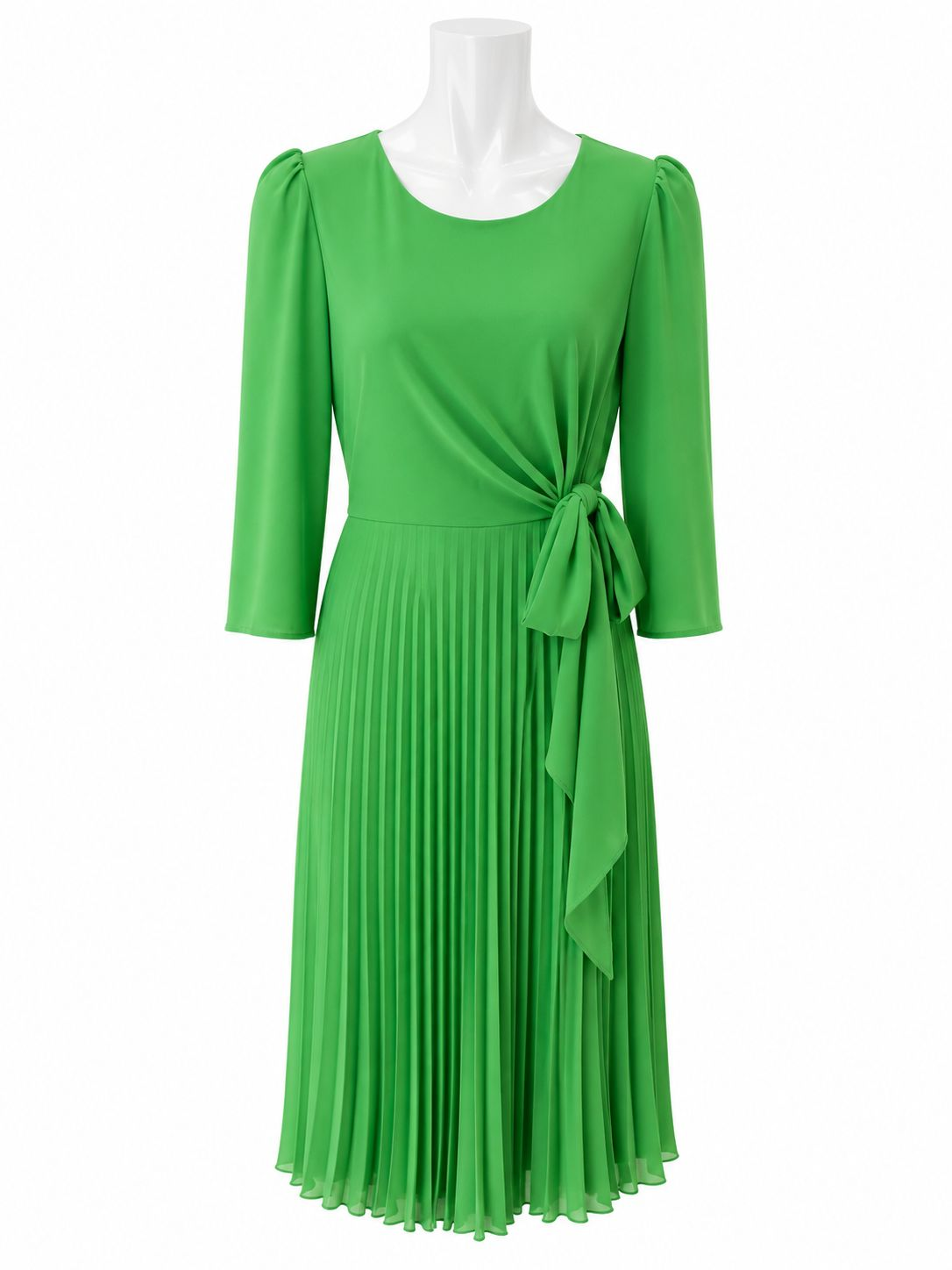 Vestido Midi Plisado Verde con Lazada en la Cintura