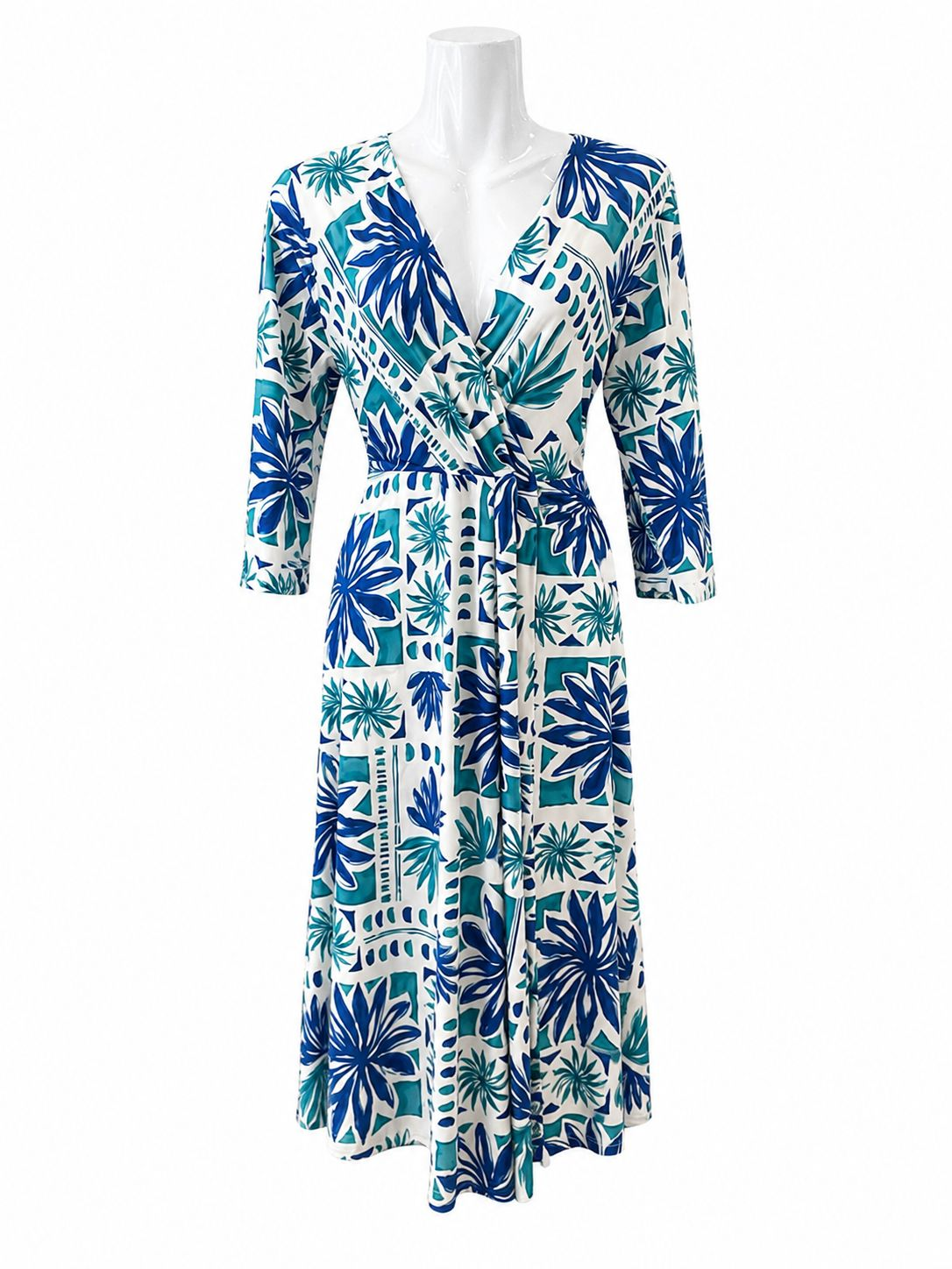 Vestido Midi Cruzado con Estampado de Palmeras Azul
